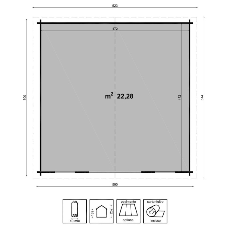 Casa de Madera 22 Mq 500x500 cm Camilla Losa