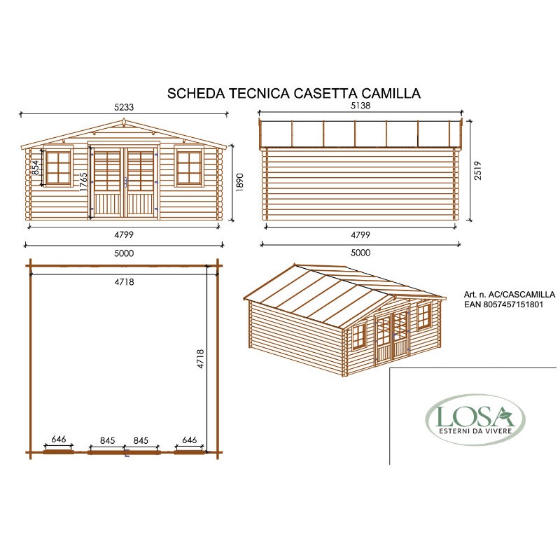 Casa de Madera 22 Mq 500x500 cm Camilla Losa